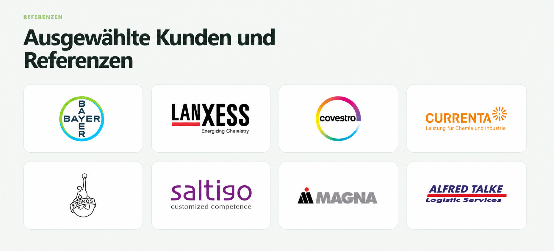 Referenzen: Bayer, LANXESS, Covestro, Currenta, Kronos, Saltigo, Magna und Alfred Talke.